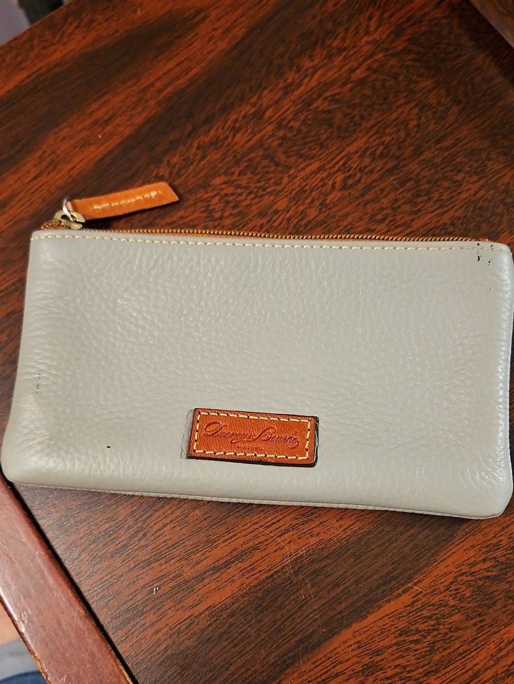Dooney & Bourke Light Gray Leather Zip Wallet with Tan Trim